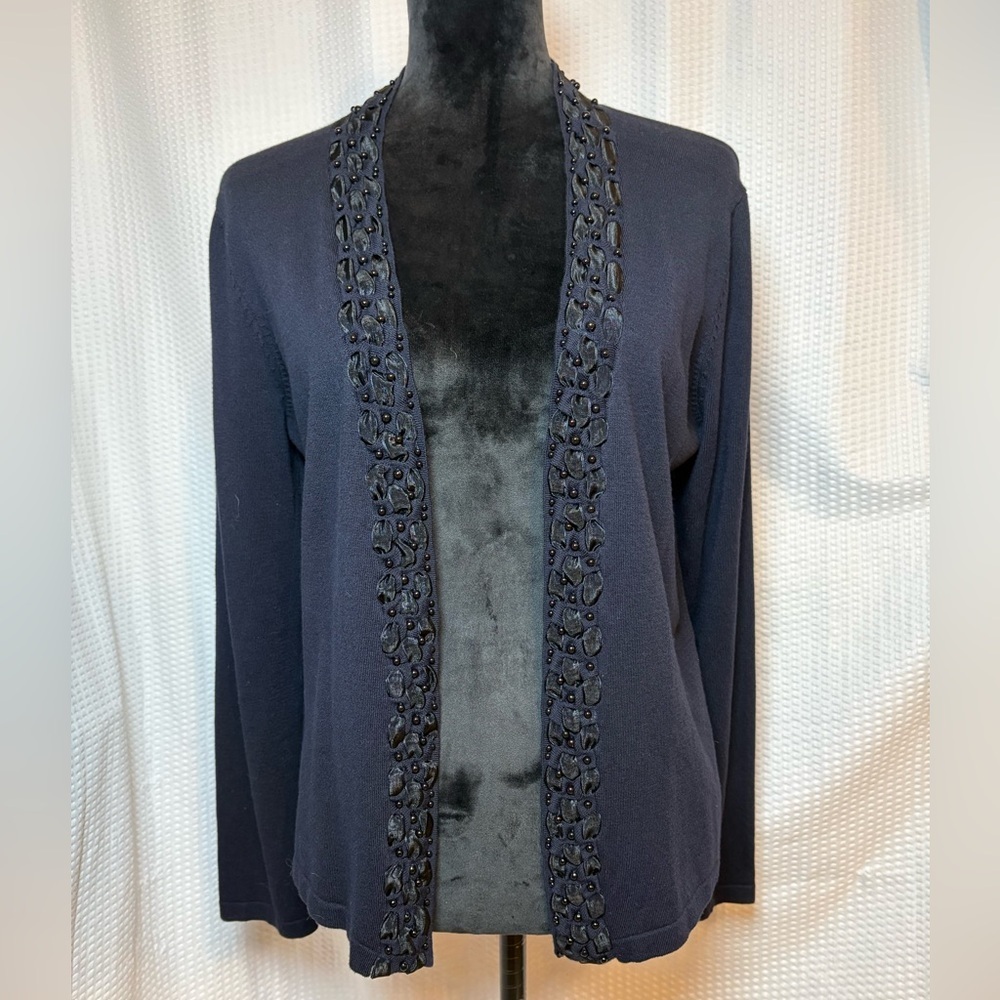 Jones New York open front black cardigan beaded & ribbon trim cotton blend L